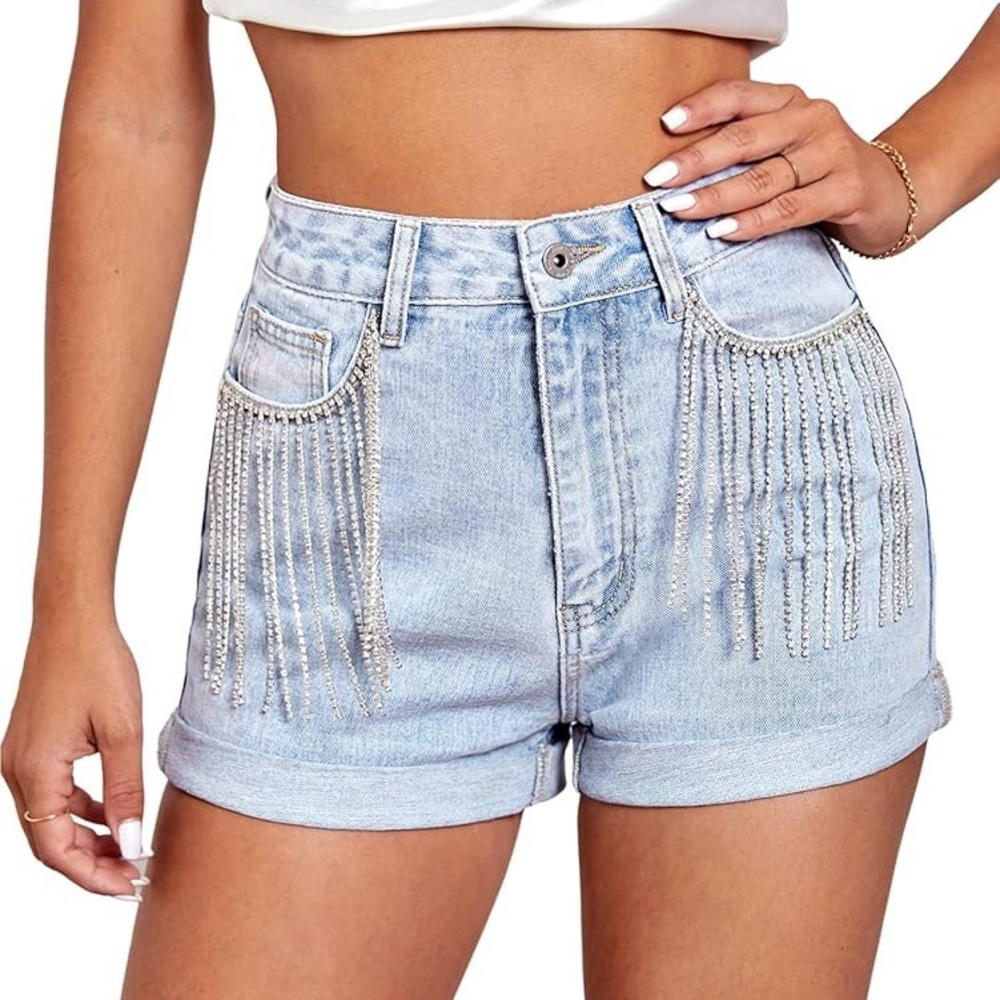 SHEIN Glam Rhinestone Fringe Trim Roll Up Hem Denim Shorts. Size Large 8/10